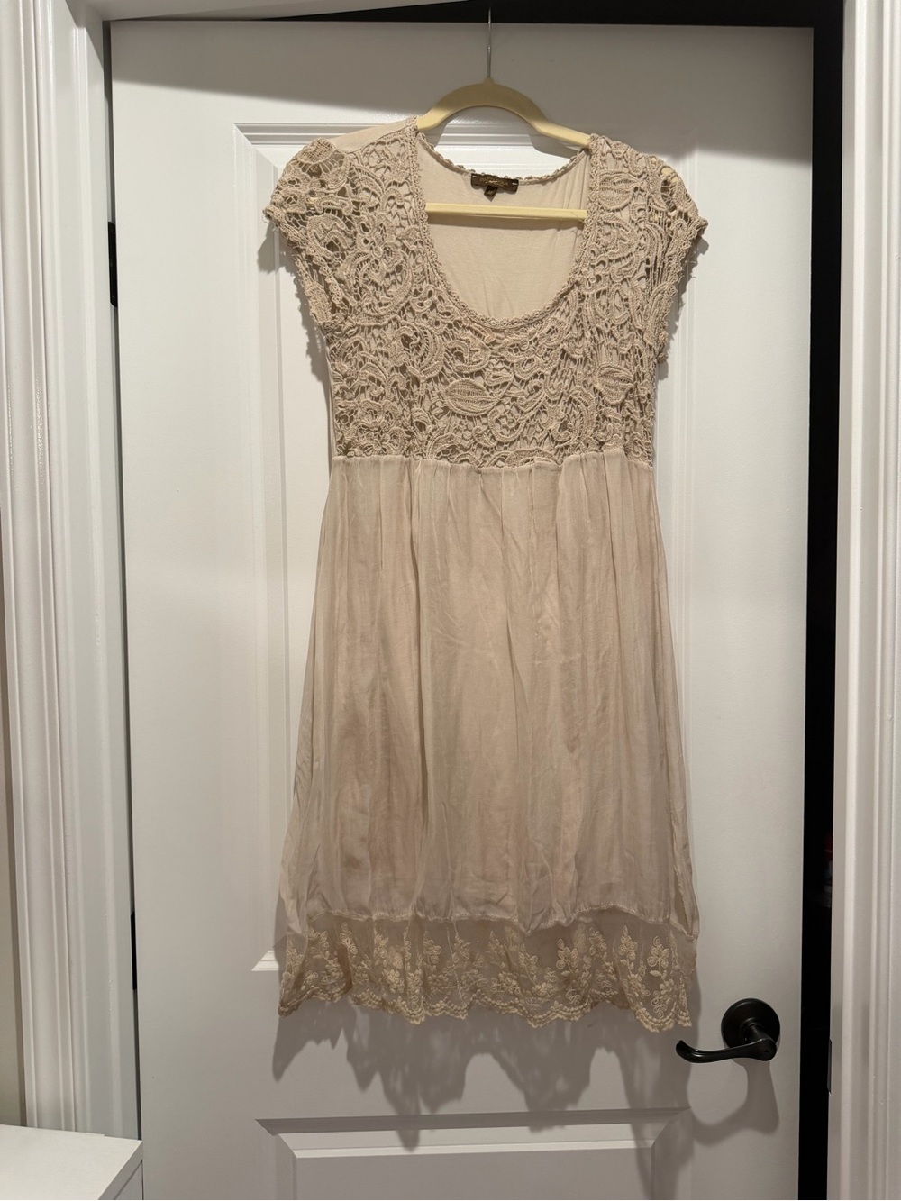 Beige Lace Bodice Cap Sleeve Dress